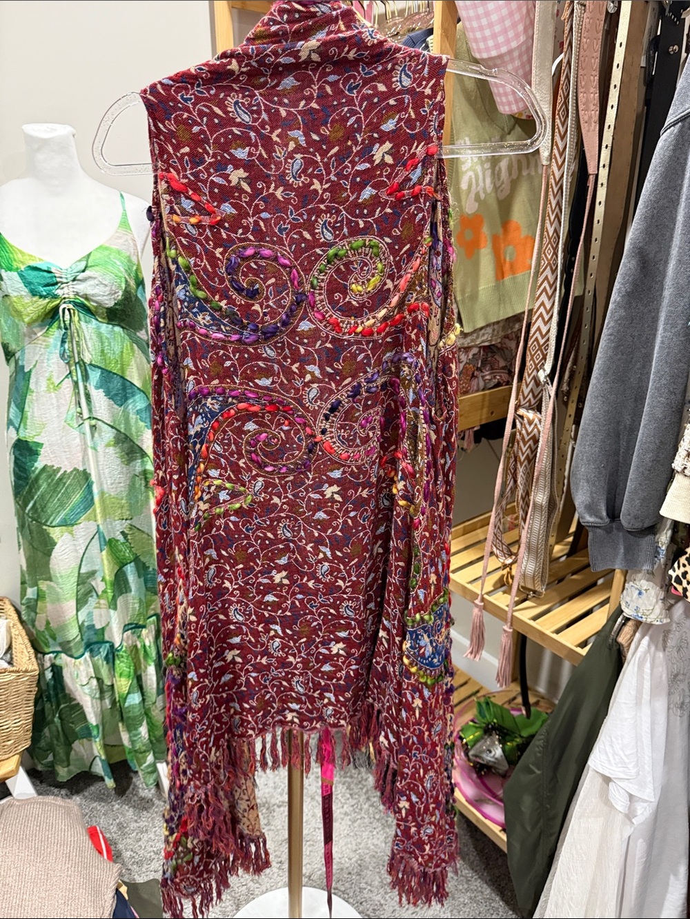 Raj Burgundy Floral Fringe Maxi Cardigan with Multicolor Accents - Picture 3 of 7